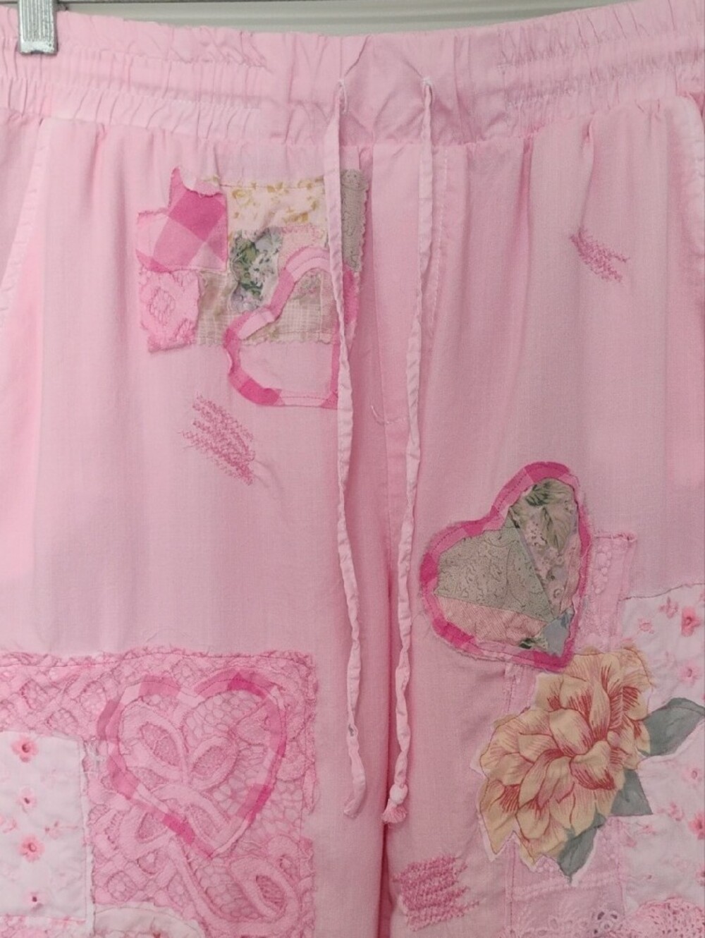Upcycled Pink Patchwork Bloomer Pants Lace Trim, Cottagecore Floral Applique - Picture 3 of 11